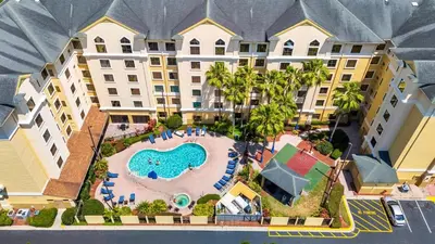 an aerial view of a resort with a swimming pool at Condo close to Epic Universe and Universal Studios in Orlando
