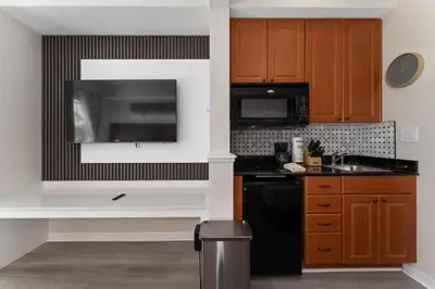 a kitchen with a black refrigerator and a microwave at King Queen Spacious Studio Near Universal in Orlando