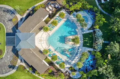 an overhead view of a swimming pool with palm trees at Family Friendly Home W Game Room 1705Vp in Kissimmee