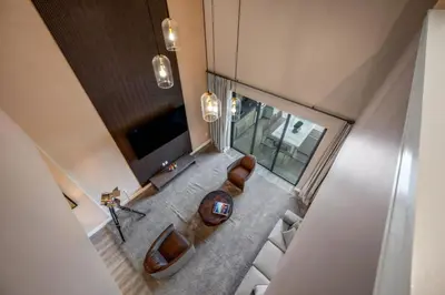 an overhead view of a bathroom with a sink and a tub at Elegant Orlando Getaway Close To Disney in Kissimmee