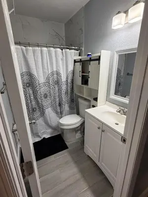 a bathroom with a toilet and a shower curtain at Cozy Modern Studio in Orlando