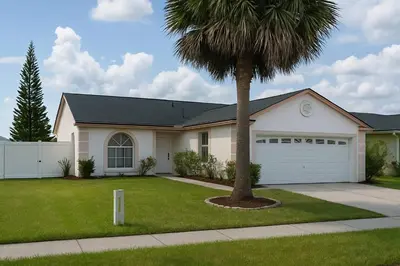 a house with a palm tree in a yard at Beauty 4 miles to Disney 3Br 2Ba Pool Home in Kissimmee