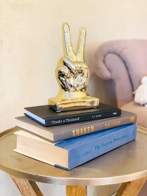 a stack of books on a table with a trophy at Large 3 bedroom with King Bed in Orlando