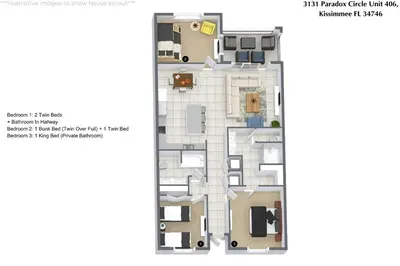 a plan of the floor plan of the apartment at 3 Bedrooms 2 Bathrooms Storey Lake 3131-406 in Kissimmee