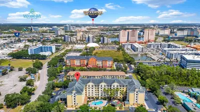 an aerial view of a city with a hot air balloon at Harry Potter Suite near Epic & Universal in Orlando