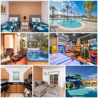 a collage of photos of a hotel with a pool at Orlando's Heartland with Amenities in Kissimmee