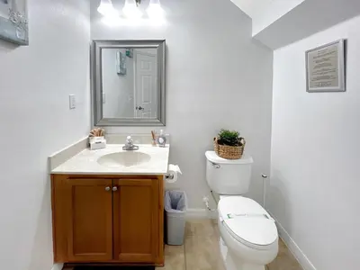 a bathroom with a toilet and a sink and a mirror at Rumi Haven-Homey&Spacious Stay in Orlando