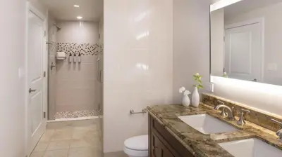 a bathroom with a sink and a toilet and a shower at Marriott's Lakeshore Reserve 2BR Villa with Resort Access in Orlando