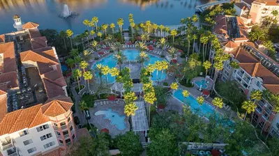 an overhead view of a resort with a swimming pool at Marriott's Grande Vista Studio Apartment with Resort Access in Orlando