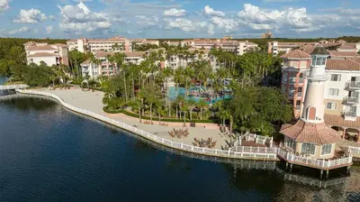 an aerial view of a resort near the water at Marriott's Grande Vista 1BR Apartment with Resort Access in Orlando