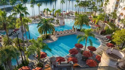 an overhead view of a resort pool with palm trees at Marriott's Grande Vista 2BR Apartment with Resort Access in Orlando