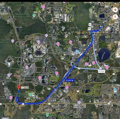 a map of a road with a blue line at Cozy Condo near Disney World with Shuttle to parks in Orlando