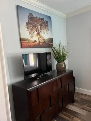 a flat screen tv sitting on top of a wooden cabinet at Condo Near Disney-Universal-Epic-Sea World in Orlando