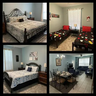 four different pictures of a bedroom with two beds and a table at PalmTree Oasis 3 bedroom Condo at Windsor Hills in Orlando