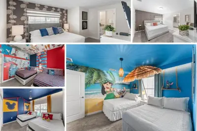 a collage of four pictures of a bedroom at 4822 Resort Pool House Disney Universal Orlando in Kissimmee
