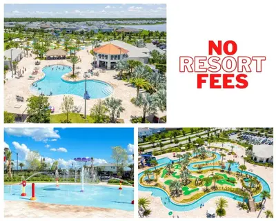 a collage of pictures of a resort with no resort fees at 4822 Resort Pool House Disney Universal Orlando in Kissimmee