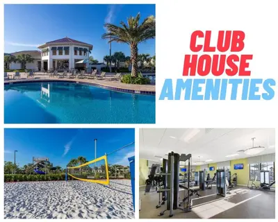 a collage of pictures of a club house amenities at 4822 Resort Pool House Disney Universal Orlando in Kissimmee