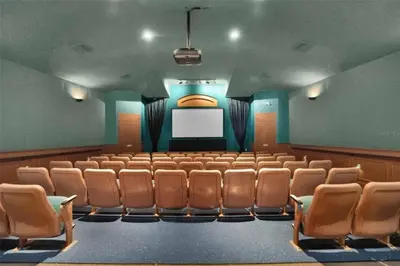 an empty auditorium with chairs and a screen at Amazing 3BDR House with pool in Kissimmee