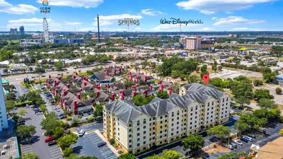 an aerial view of a building in a city at Condo near Epic & Universal,free parking & Netflix in Orlando