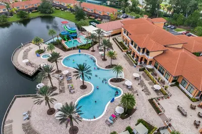 an overhead view of a pool at a resort at Beautiful 3 Bedroom Villa with Private Hot Tub, 10 mins to Disney! in Kissimmee