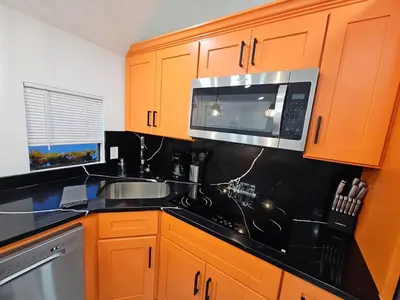 a kitchen with a sink and a microwave at Comfy Tiny Home WP Large Private Deck Queen bed in Orlando