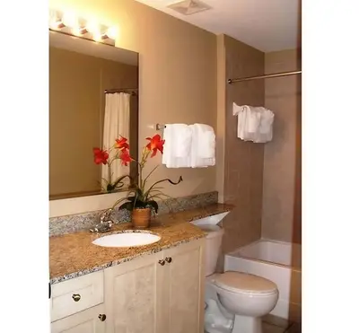 a bathroom with a sink and a toilet and a mirror at Luxury 3-bed Condo Near Disney Worldquest Resort in Orlando