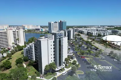 an aerial view of a city with tall buildings at Relaxing Central Condo with Balcony 7 Min to Universal in Orlando