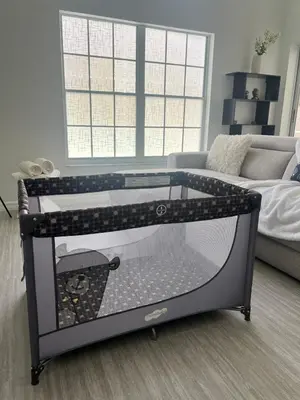 a cat in a crib in a living room at 4BD Family Pool Home, Near Disney & Workspace in Orlando