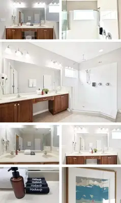a collage of four pictures of a bathroom at LUX Waterfront Disney Vacation Home with Private Pool, Spa, Soft Serve Ice Cream Maker, Game Room, Ensuites, & More! Sleeps 24! in Kissimmee