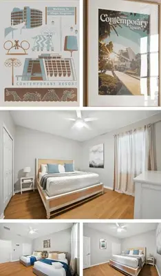 a bedroom with a bed and a poster of a ship at LUX Waterfront Disney Vacation Home with Private Pool, Spa, Soft Serve Ice Cream Maker, Game Room, Ensuites, & More! Sleeps 24! in Kissimmee