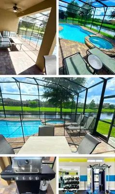 a collage of four pictures of a swimming pool at LUX Waterfront Disney Vacation Home with Private Pool, Spa, Soft Serve Ice Cream Maker, Game Room, Ensuites, & More! Sleeps 24! in Kissimmee
