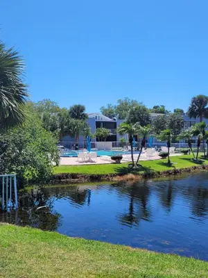 a pond in a park with trees and a building at Cozy 2 bedroom Orlando apartment in Orlando