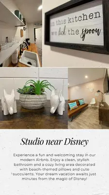 a collage of photos with a picture of a living room at Modern Studio with Exterior Independent Entrance in Orlando