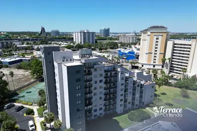 an aerial view of a city with tall buildings at Delightful Studio Condo with Garden View Balcony 7 Mins to Universal in Orlando