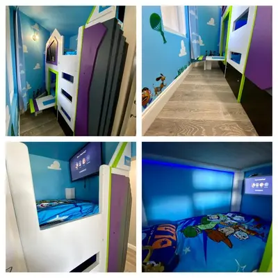 a collage of four pictures of a room with a bed at Wands & Wishes | Luxury Condo Minutes from Disney in Orlando