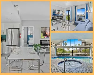 a collage of pictures of a kitchen and a dining room at Apartamento Moderno 2 Quartos no Enclave in Orlando