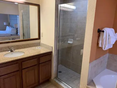 a bathroom with a shower and a sink and a mirror at Near Orlando Convention center and all Park's in Orlando