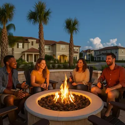 a group of people sitting around a fire pit at Private Heated Pool Water View Resort Fun Near Disney in Kissimmee