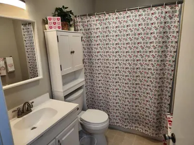 a bathroom with a toilet and a shower curtain at Sunny Retreat in Orlando