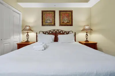 a bedroom with a large white bed with two lamps at Disney Dream Condo & Lake View Awaits in Orlando