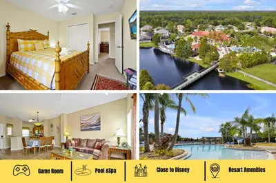 a collage of three pictures of a hotel room at 4703 Flagler Beach Way Kissimmee Florida 3BED in Kissimmee