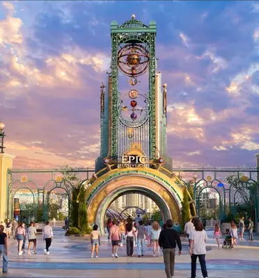 a group of people walking around a building with a clock at 10 Minutes from Universal - Relaxing Guest Suite in Orlando