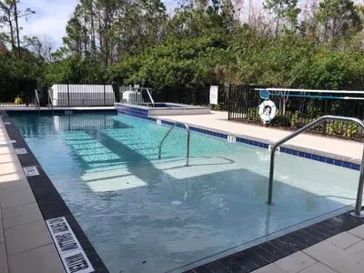 a swimming pool with a dog standing next to it at Themed Bedrooms BBQ Near Disney in Kissimmee