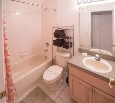 a bathroom with a toilet and a tub and a sink at Cumbrian Retreat home in Kissimmee