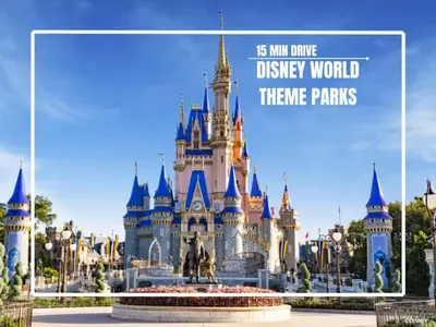 a disney world theme park with the words km drive disney world theme at 3065 - 5BR w Pool 10min Disney 2 Water Parks in Kissimmee