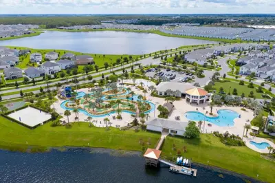 an aerial view of the water park at the resort at Lake View Condo Near Disney in Kissimmee