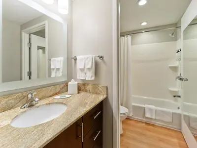 a bathroom with a sink and a toilet and a mirror at TownePlace Suites Orlando at FLAMINGO CROSSINGS Town Center, Western Entrance in Orlando