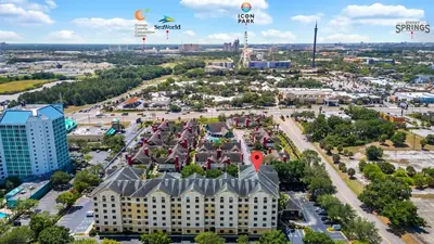 an aerial view of a building in a city at King suite near Epic & Universal, free parking in Orlando