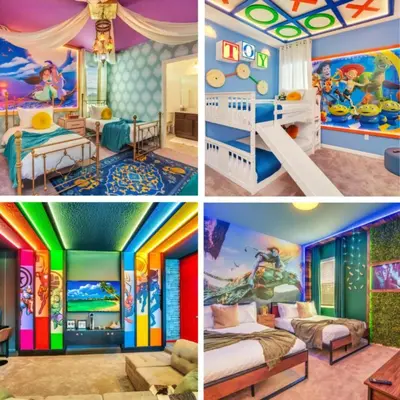 a collage of four pictures of a childs bedroom at Disney-Adjacent 15Bd15Ba Oasis With Private Pool in Kissimmee