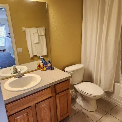 a bathroom with a sink and a toilet and a mirror at Mickeys Magical Escape in Orlando